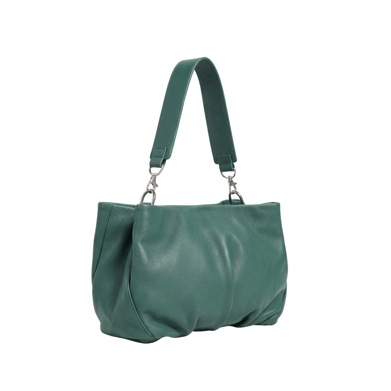 Clutch din piele naturală verde pin Inanna, model oversized cu mâner detașabil, fotografiat lateral.