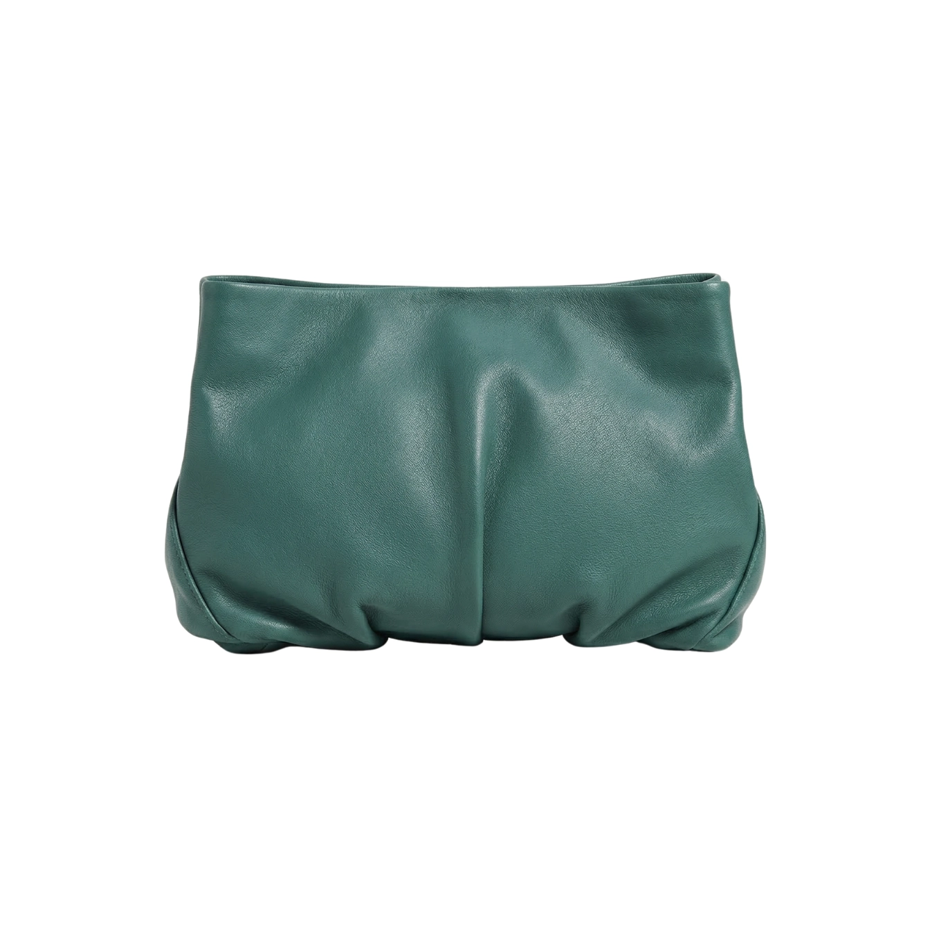 Clutch din piele naturală verde pin Inanna, model oversized cu mâner detașabil, fotografiat frontal.