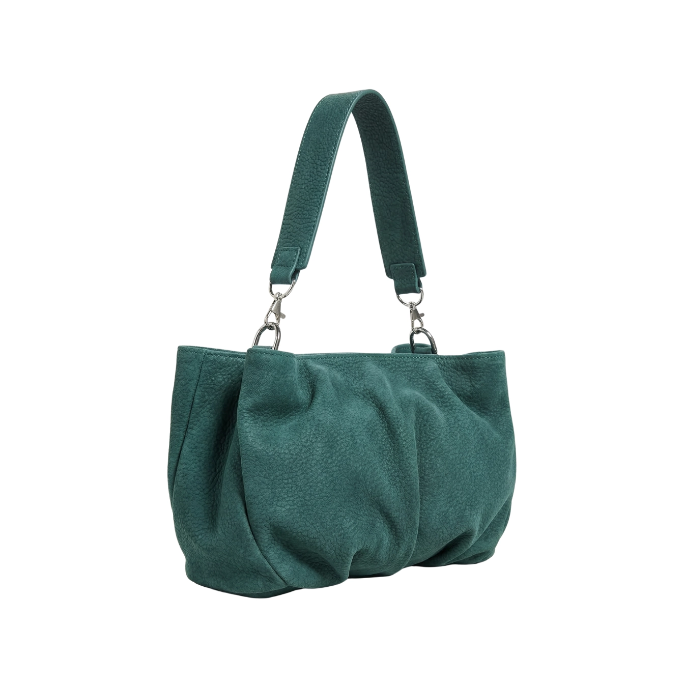 Clutch din piele naturală verde turcoaz Inanna, model oversized cu mâner detașabil, fotografiat lateral.