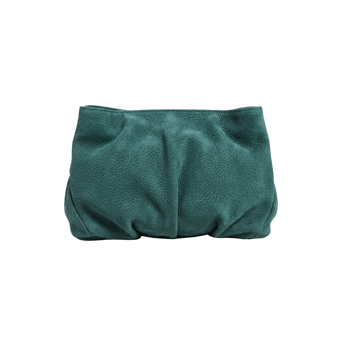 Clutch din piele naturală verde turcoaz Inanna, model oversized cu mâner detașabil, fotografiat frontal.