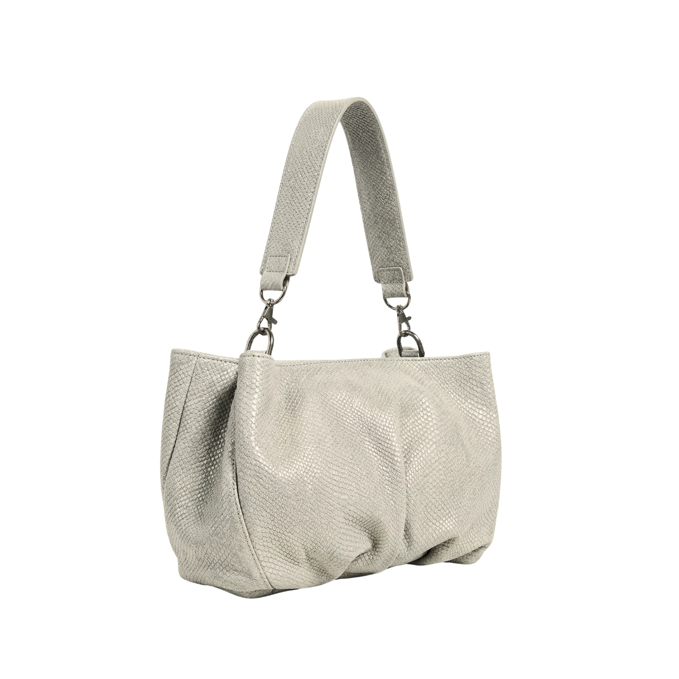 Clutch din piele naturală piton ivory Inanna, model oversized cu mâner detașabil, fotografiat lateral.