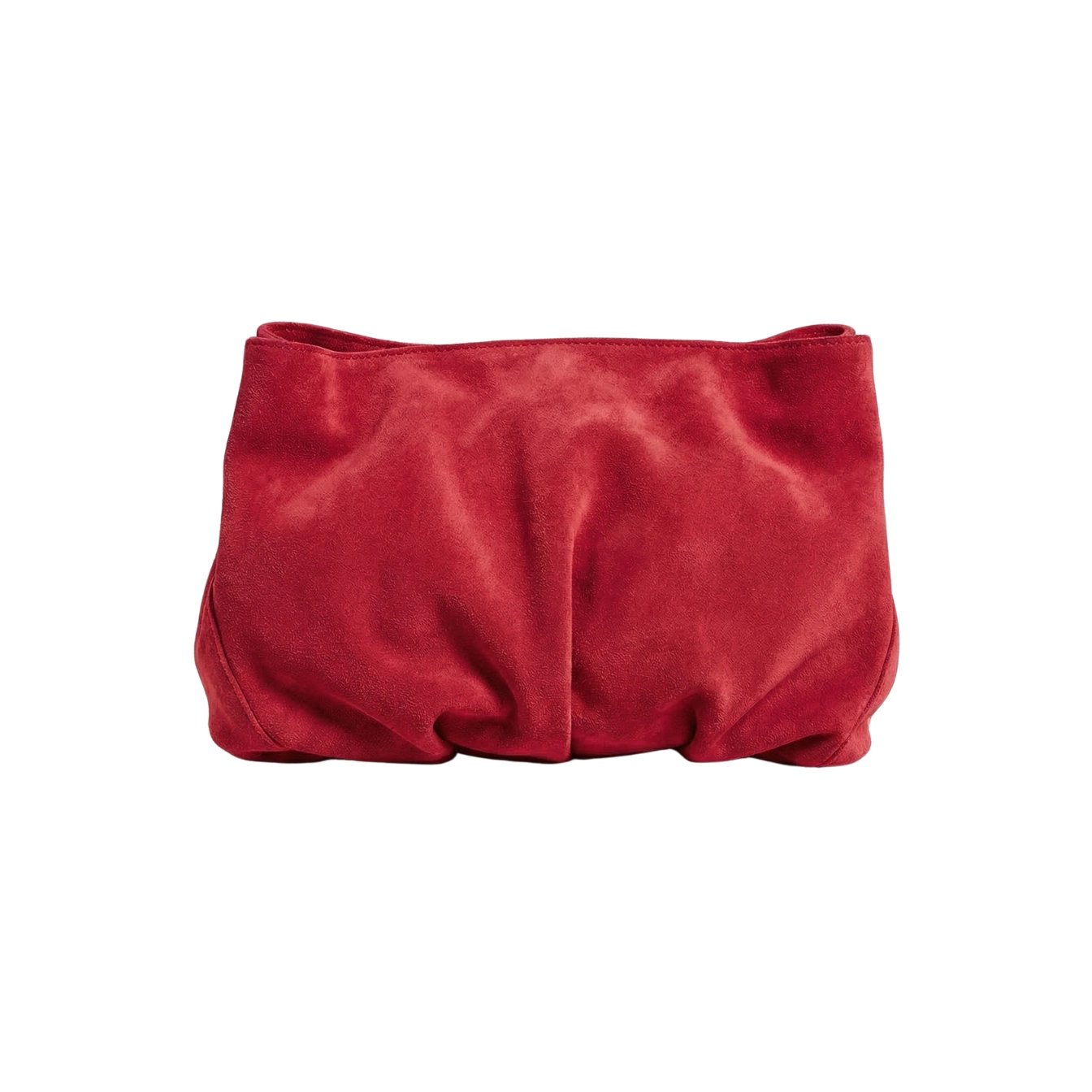 Clutch din piele întoarsă roșu intens Inanna, model oversized cu mâner detașabil, fotografiat frontal.
