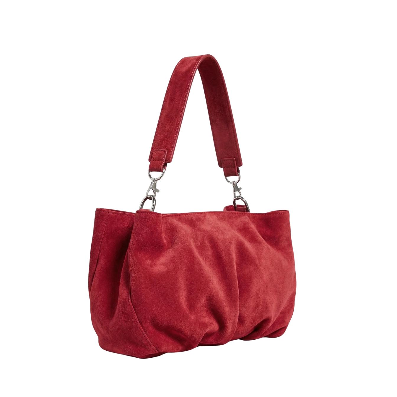 Clutch din piele întoarsă roșu intens Inanna, model oversized cu mâner detașabil, fotografiat lateral.