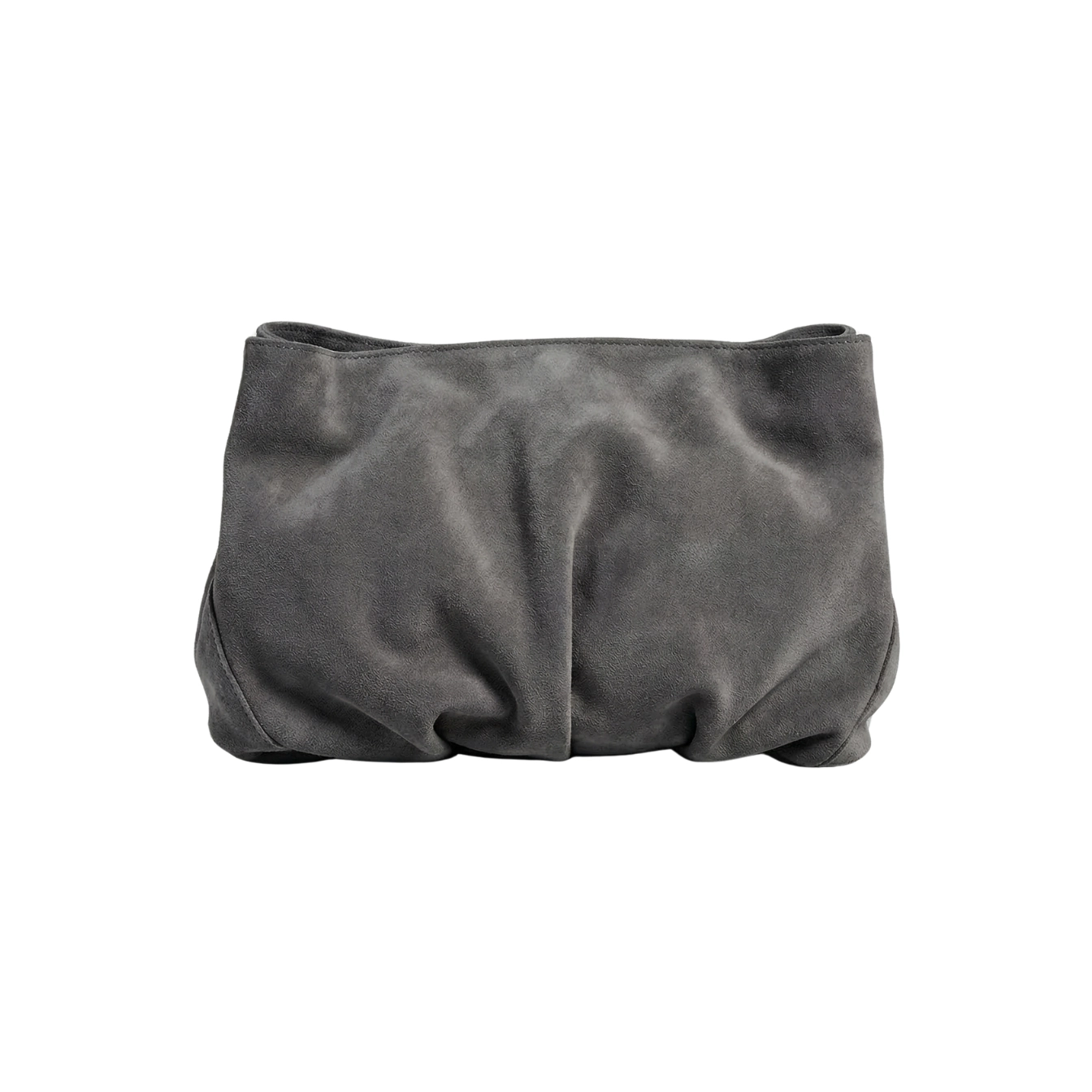 Clutch din piele întoarsă gri grafit Inanna, model oversized cu mâner detașabil, fotografiat frontal.