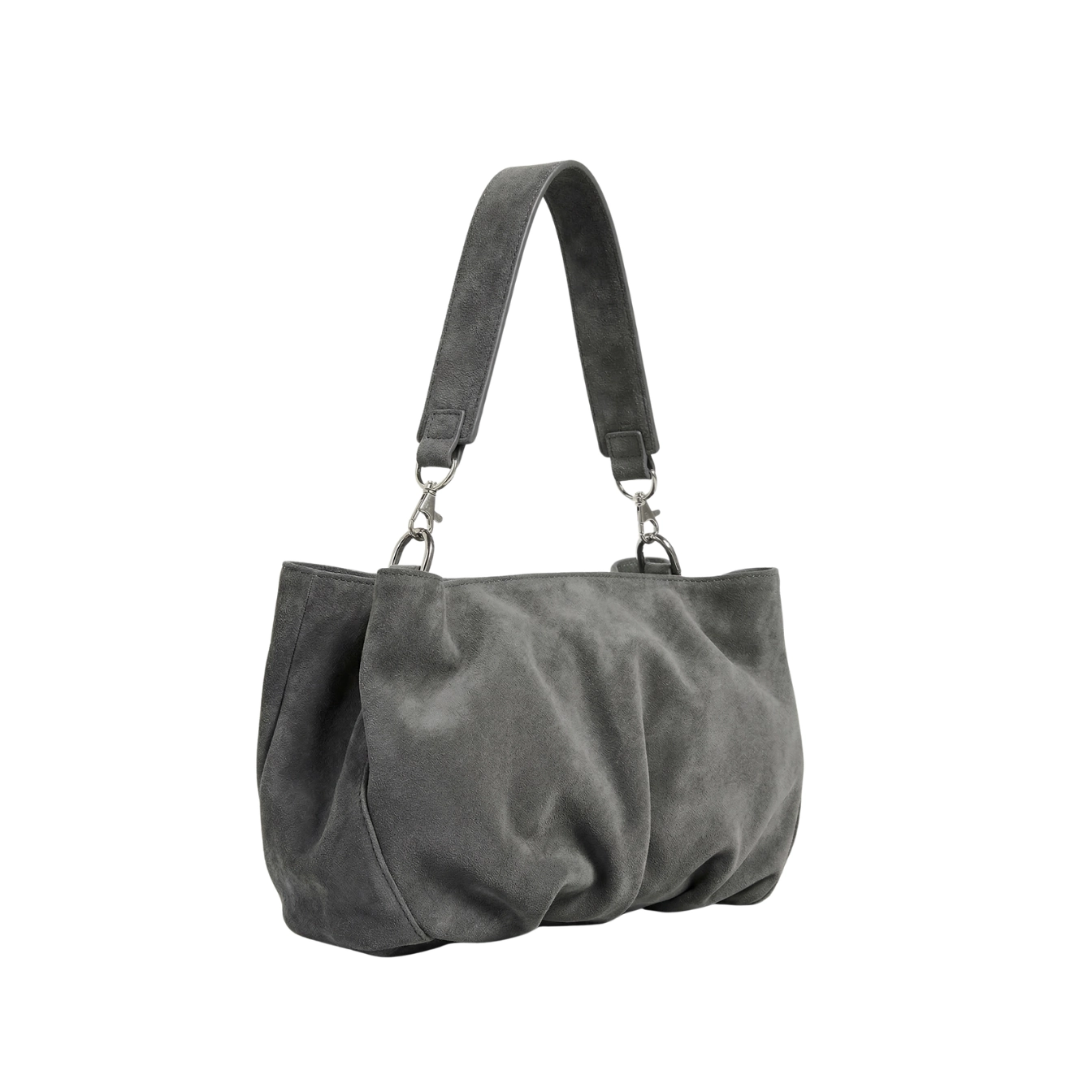 Clutch din piele întoarsă gri grafit Inanna, model oversized cu bretea lată detașabilă, fotografiat lateral.