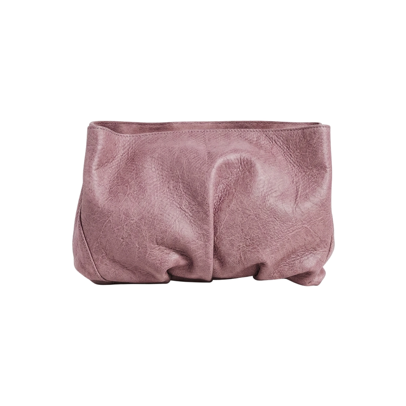 Clutch din piele naturală roz vintage Inanna, model oversized cu mâner detașabil, fotografiat frontal.