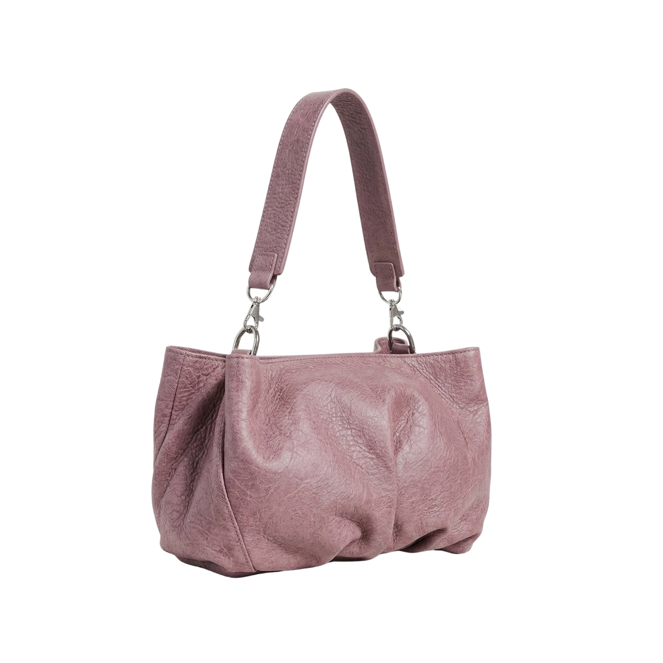 Clutch din piele naturală roz vintage Inanna, model oversized cu mâner detașabil, fotografiat lateral.