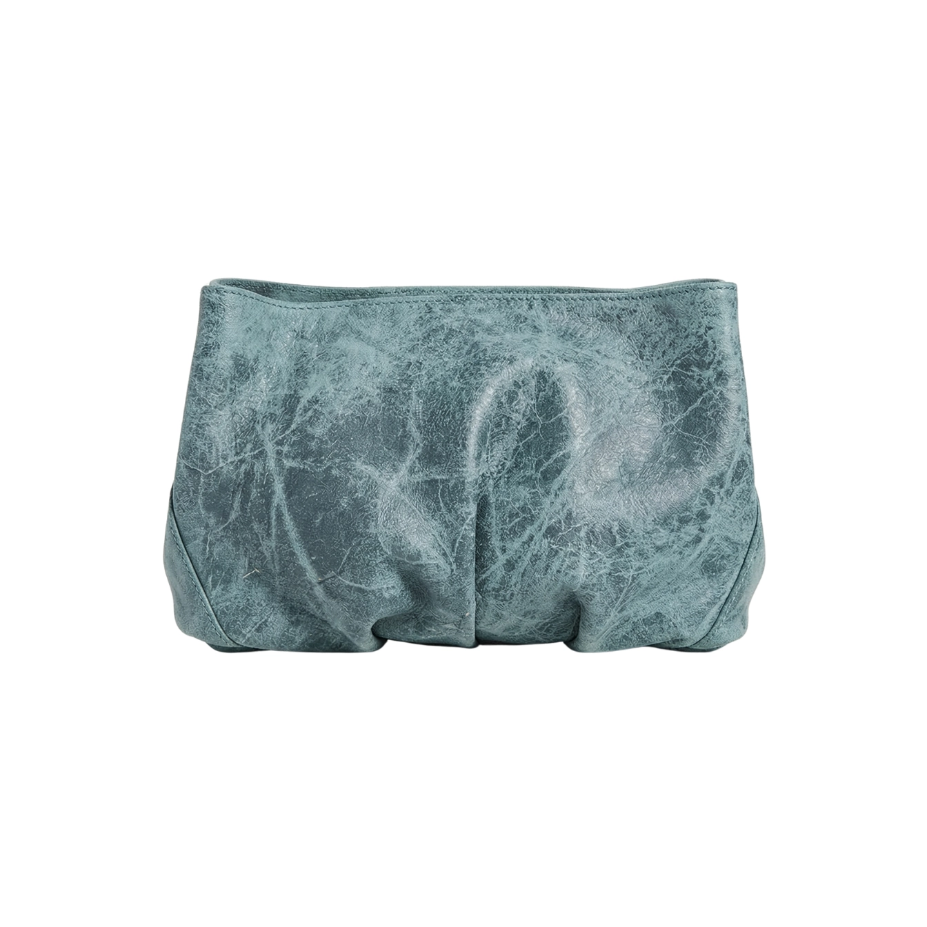 Clutch din piele naturală aquamarine Inanna, model oversized cu mâner detașabil, fotografiat frontal.