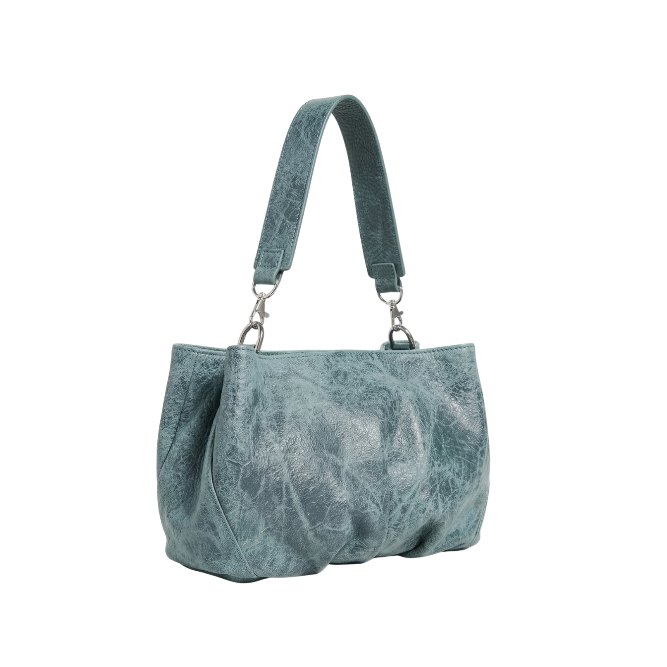 Clutch din piele naturală aquamarine Inanna, model oversized cu mâner detașabil, fotografiat lateral.