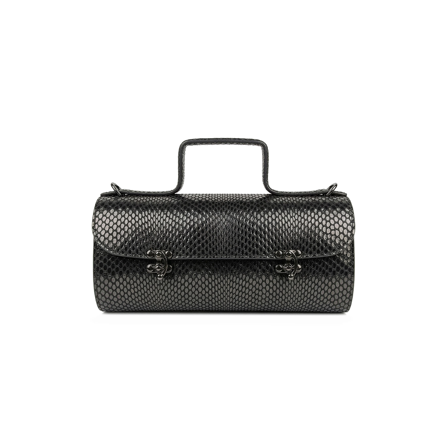 Geantă din piele naturală croco negru Tube Midi, model de umăr cu mâner fix și închidere metalică dublă, fotografiată frontal.