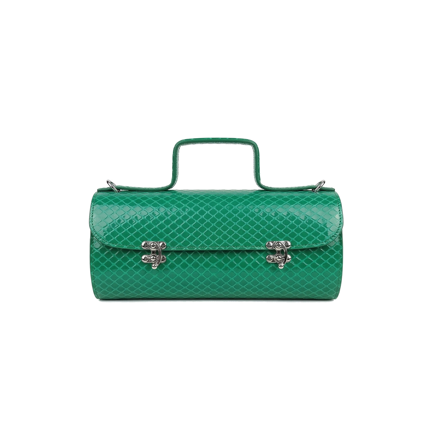 Geantă din piele naturală piton verde Tube Midi, model de umăr cu mâner fix și închidere metalică dublă, fotografiată frontal.
