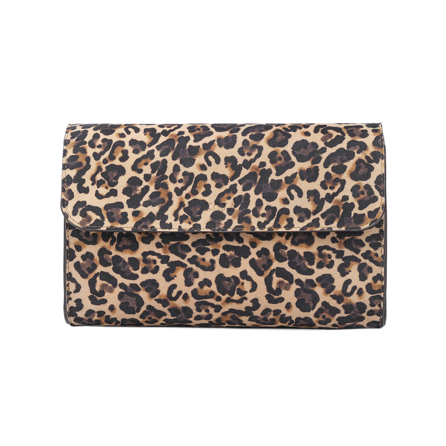 Geantă damă Venus Baguette Mini leopard din piele naturală, cu clapetă, vedere frontală.