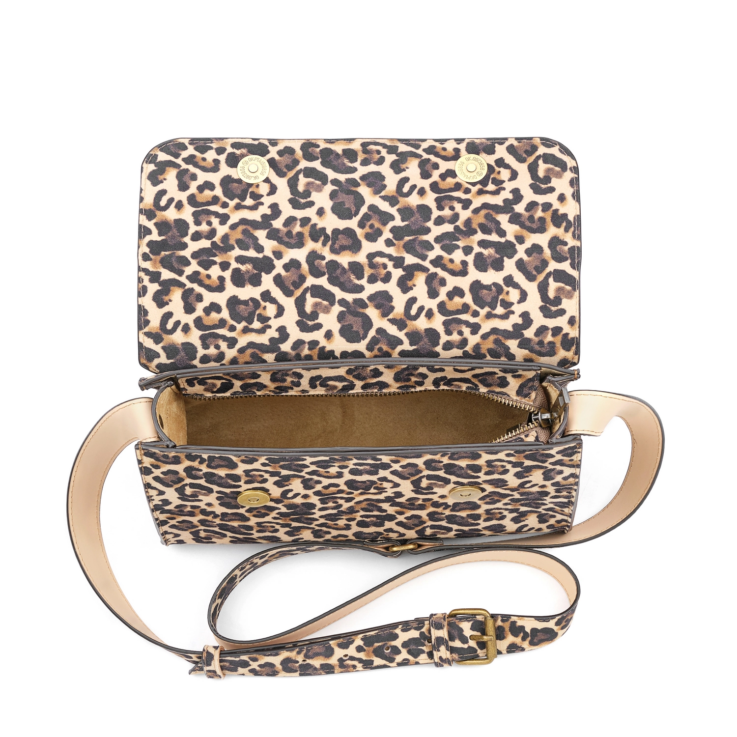 Geantă Venus Baguette Mini leopard, deschisă, cu interior din piele și buzunar inclus.