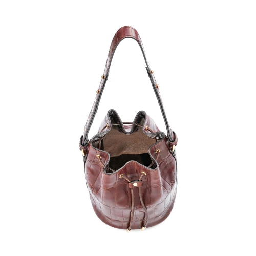 Geantă bucket mini Juliette deschisă, cu interior căptușit cu piele și buzunar interior mediu.