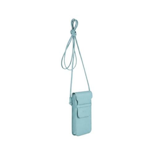 Husă de telefon Smart din piele naturală bleu, vedere laterală, cu profil subțire și baretă reglabilă
