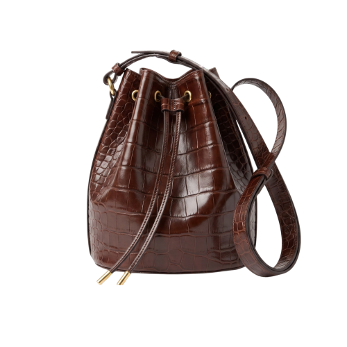Geantă bucket Juliette Midi din piele naturală maro croco, vedere frontală