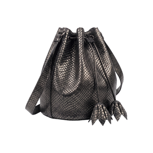 Geantă bucket de damă Juliette Midi din piele naturală neagră cu textură tip reptilă, vedere laterală