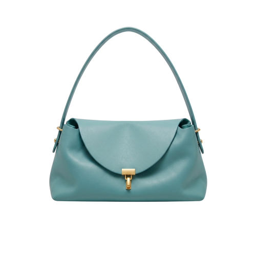 Geantă Lou Lou din piele naturală verde aqua, vedere frontală, cu clapetă rotunjită și închidere metalică aurie