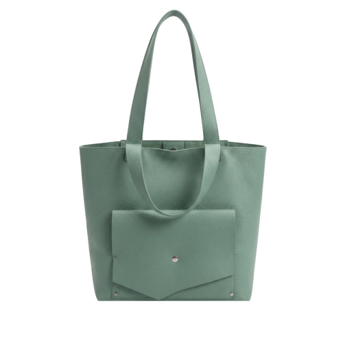 Geantă The Shopper din piele naturală verde salvie, vedere frontală, cu buzunar exterior