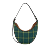 Geantă crossbody Nuna Mini din tweed verde în carouri, cu accente lime, clapetă din piele cognac și bretea neagră reglabilă, vedere frontală.