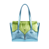 Geantă Oxford de damă din piele naturală bleu, cu detalii verde lime, mânere lungi și închidere metalică argintie.