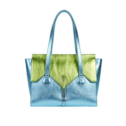 Geantă Oxford de damă din piele naturală bleu, cu detalii verde lime, mânere lungi și închidere metalică argintie.