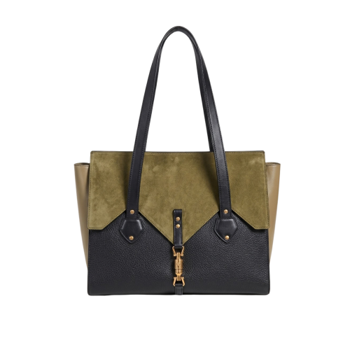 Geantă Oxford din piele naturală olive și neagră, cu mânere lungi și accesorii aurii.