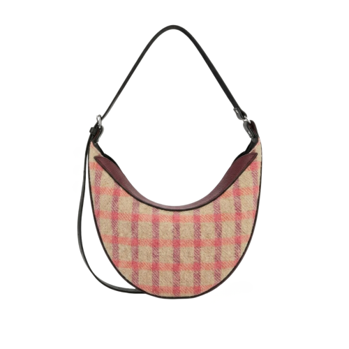 Geantă crossbody Nuna Mini din tweed în carouri bej și burgundy, cu clapetă din piele naturală burgundy și bretea reglabilă neagră, vedere frontală.