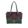 Geantă de umăr Oxford din piele naturală burgundy și verde închis, cu clapetă din piele întoarsă burgundy, mânere lungi și accesorii aurii, vedere frontală.
