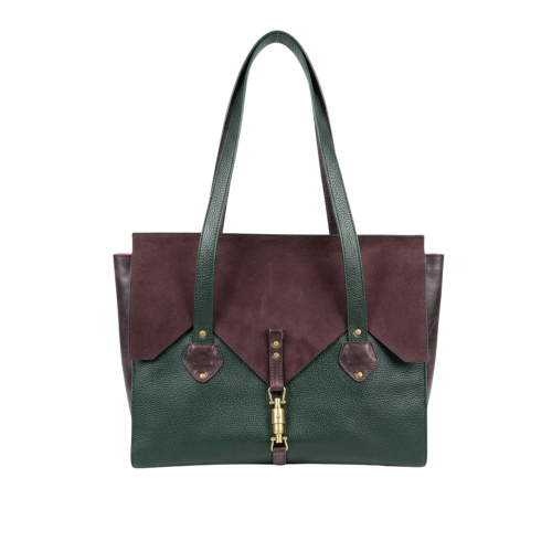 Geantă de umăr Oxford din piele naturală burgundy și verde închis, cu clapetă din piele întoarsă burgundy, mânere lungi și accesorii aurii, vedere frontală.