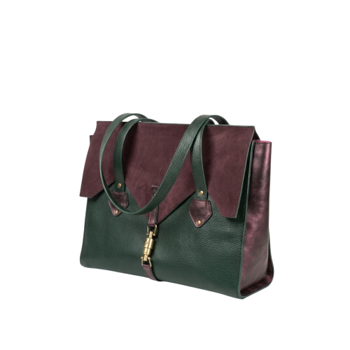 Geantă de umăr Oxford din piele naturală burgundy-verde, vedere laterală, cu mânere lungi și închidere metalică aurie.