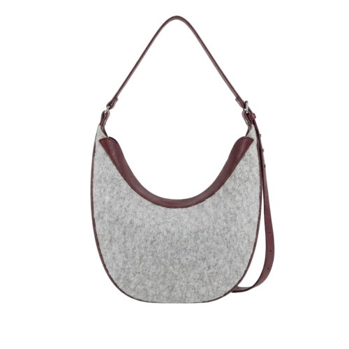 Geantă crossbody Nuna Large din lână gri melanj și piele naturală burgundy, vedere frontală.
